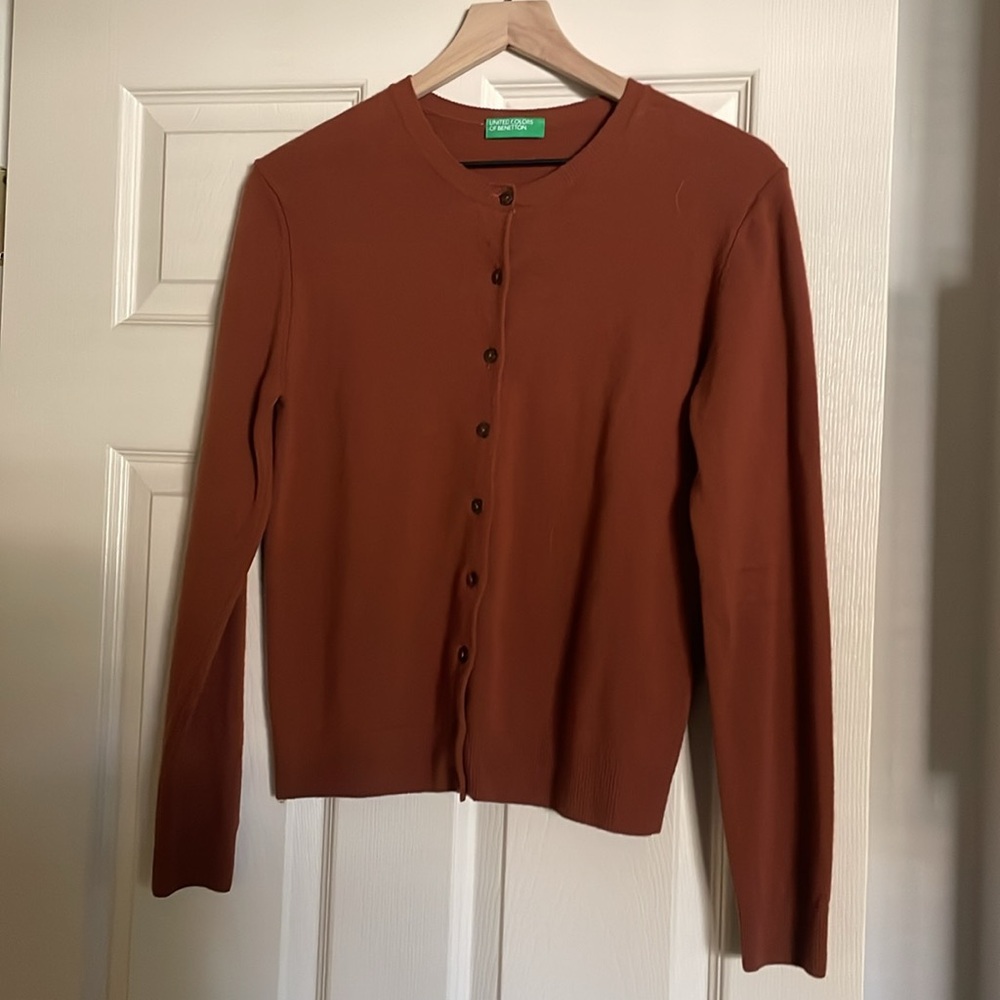 United Colors of Benetton Wool Cardigan Sweater Rust / Burnt Orange, Size Small